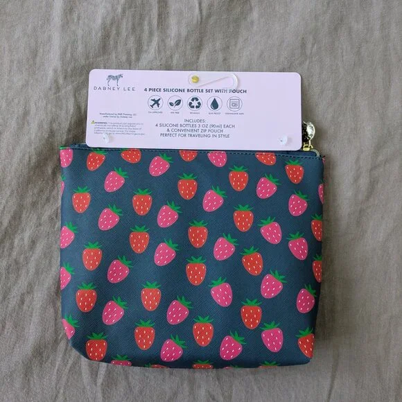 🌸 TSA Approved Clear Strawberry 4 Silicone Bottle Set & Pouch, Pink & Red NWT - Picture 3 of 8